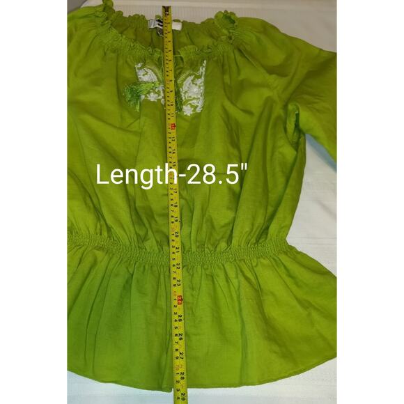 Lime Green Linen Blend Top Women's Blouse 2X Embroidered Tassels Boho Festival - Picture 13 of 16